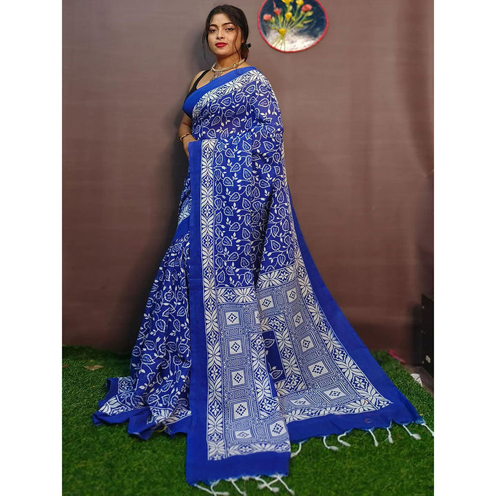 Odette Blue Cotton Printed Saree with Unstitched Blouse