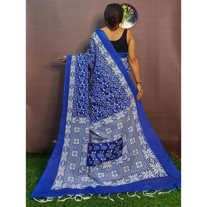 Odette Blue Cotton Printed Saree with Unstitched Blouse