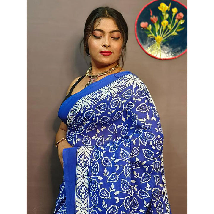 Odette Blue Cotton Printed Saree with Unstitched Blouse