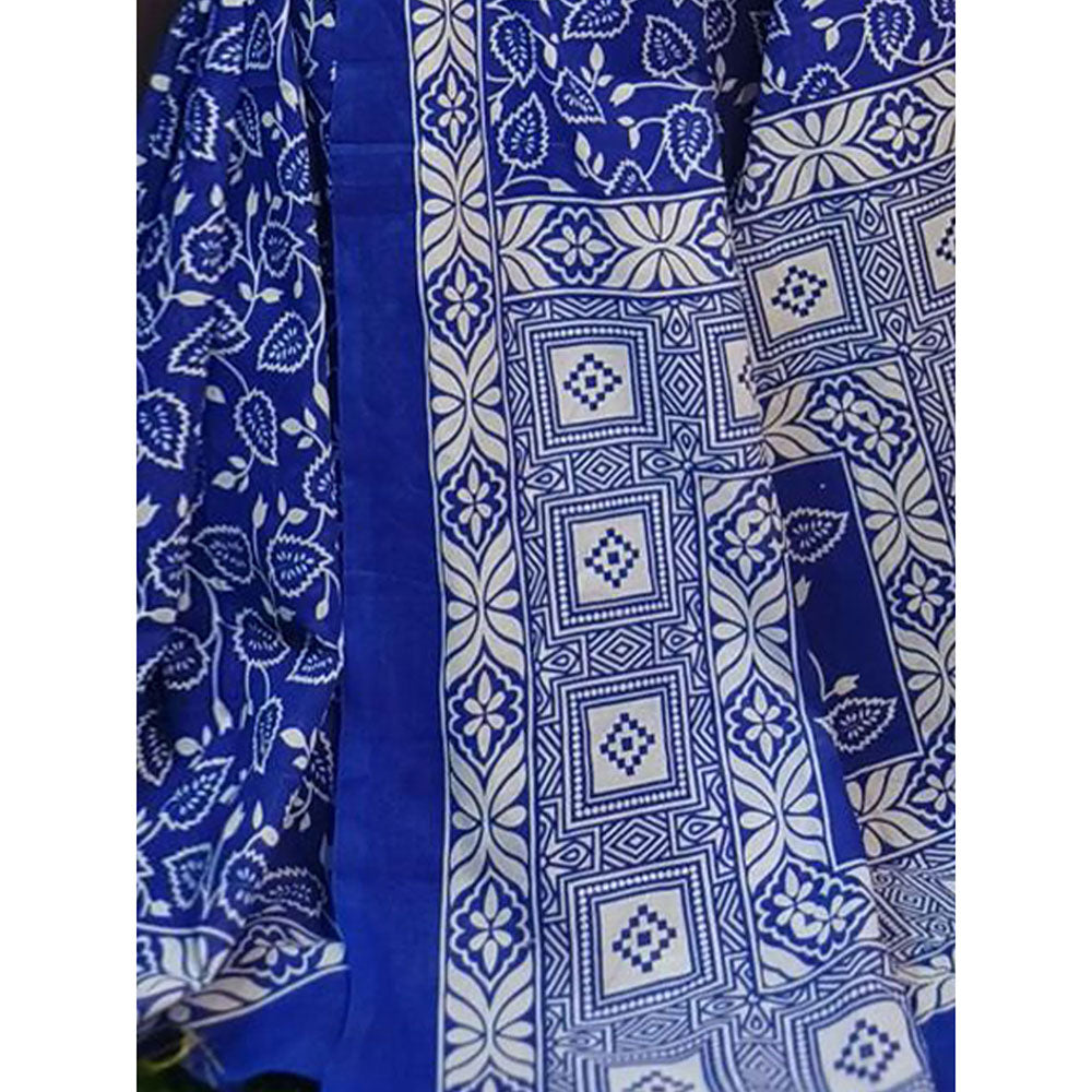 Odette Blue Cotton Printed Saree with Unstitched Blouse