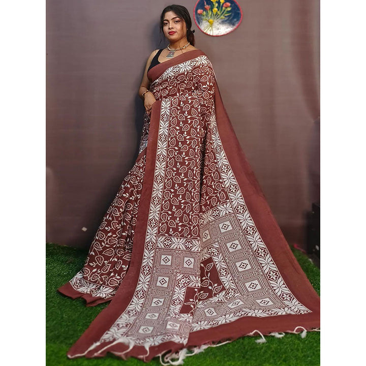 Odette Brown Cotton Printed Saree with Unstitched Blouse