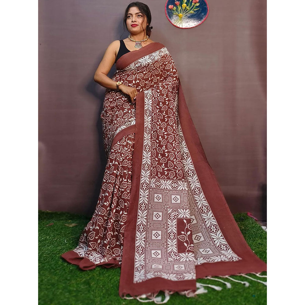 Odette Brown Cotton Printed Saree with Unstitched Blouse