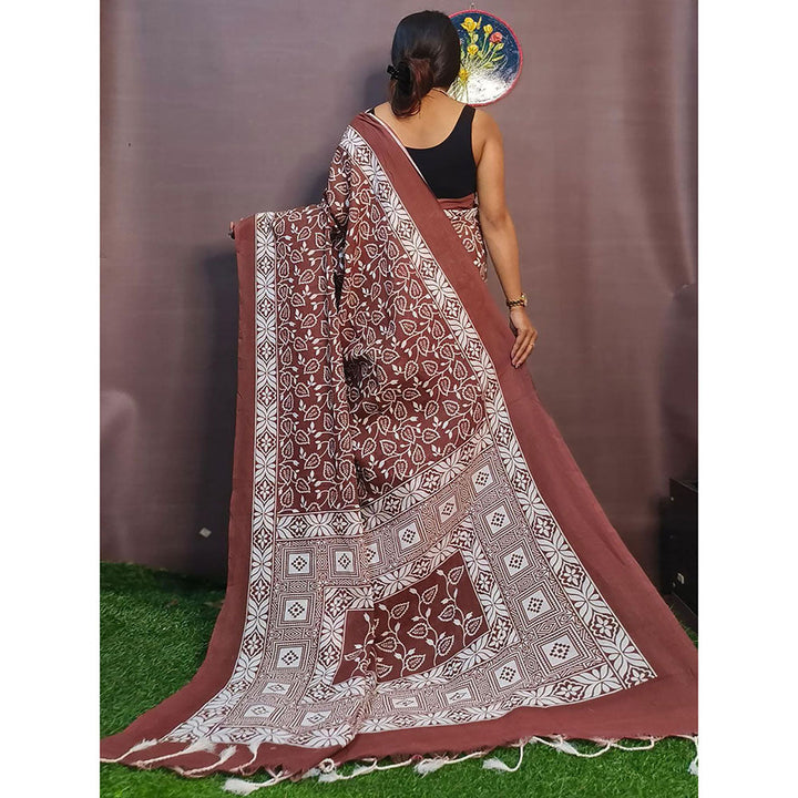 Odette Brown Cotton Printed Saree with Unstitched Blouse