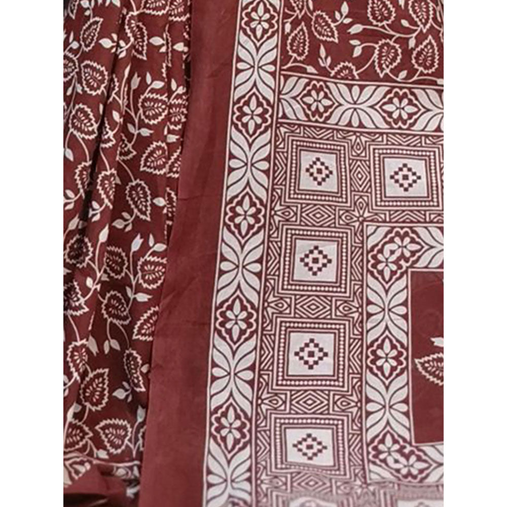 Odette Brown Cotton Printed Saree with Unstitched Blouse