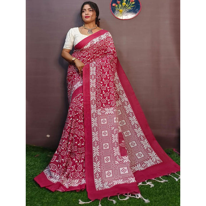 Odette Maroon Cotton Printed Saree with Unstitched Blouse