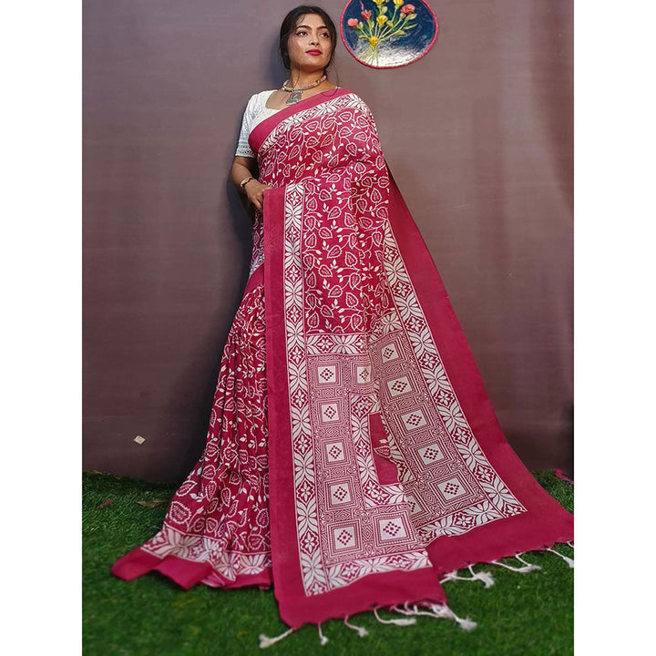 Odette Maroon Cotton Printed Saree with Unstitched Blouse