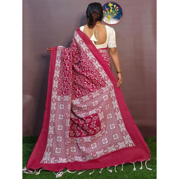 Odette Maroon Cotton Printed Saree with Unstitched Blouse