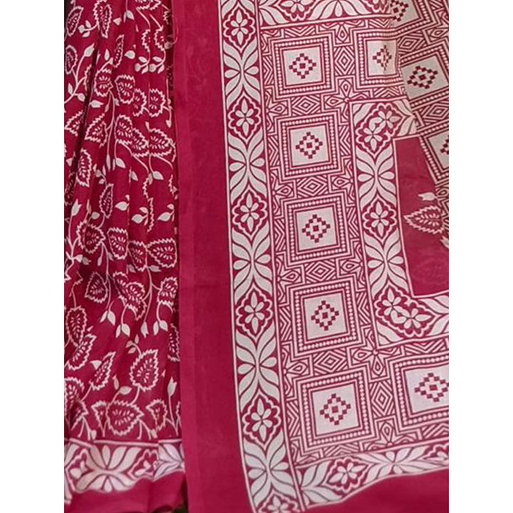 Odette Maroon Cotton Printed Saree with Unstitched Blouse