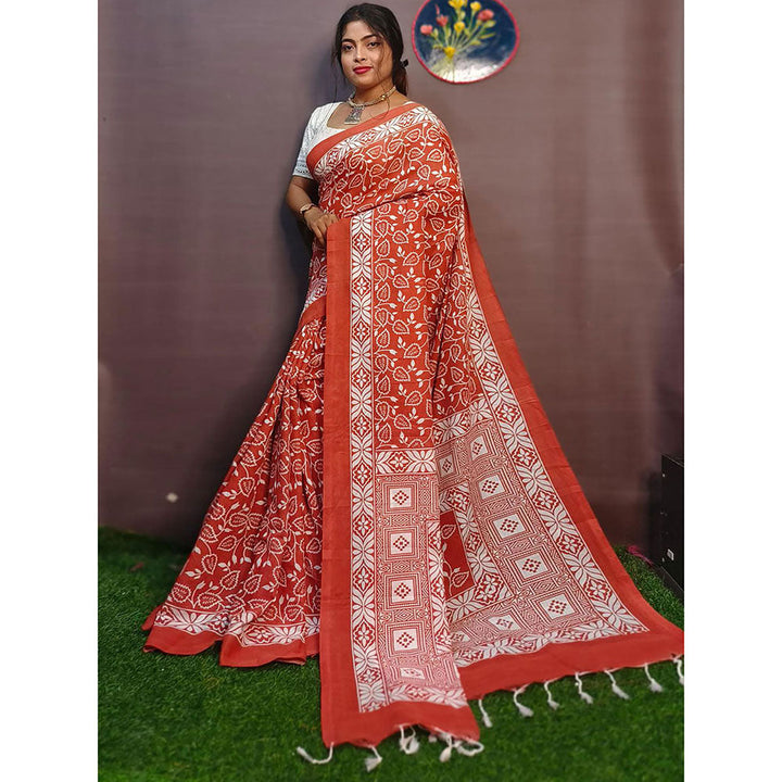 Odette Rust Cotton Printed Saree with Unstitched Blouse