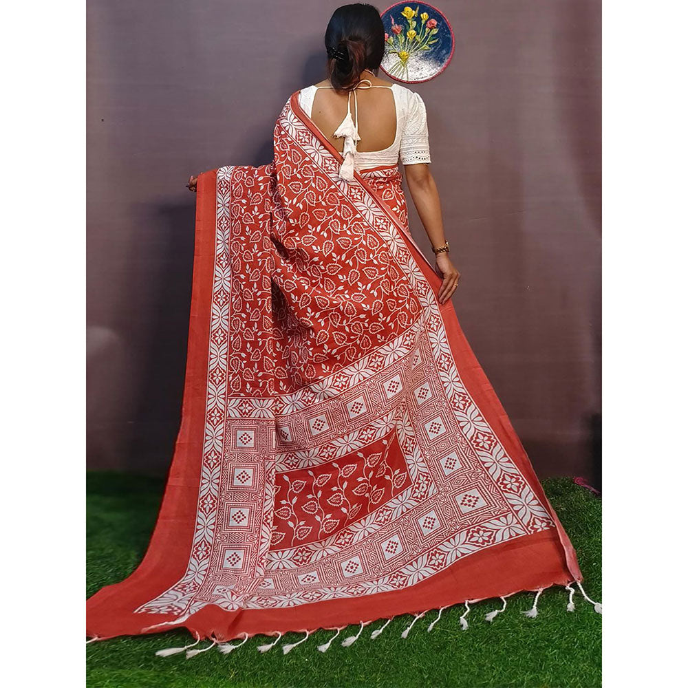 Odette Rust Cotton Printed Saree with Unstitched Blouse