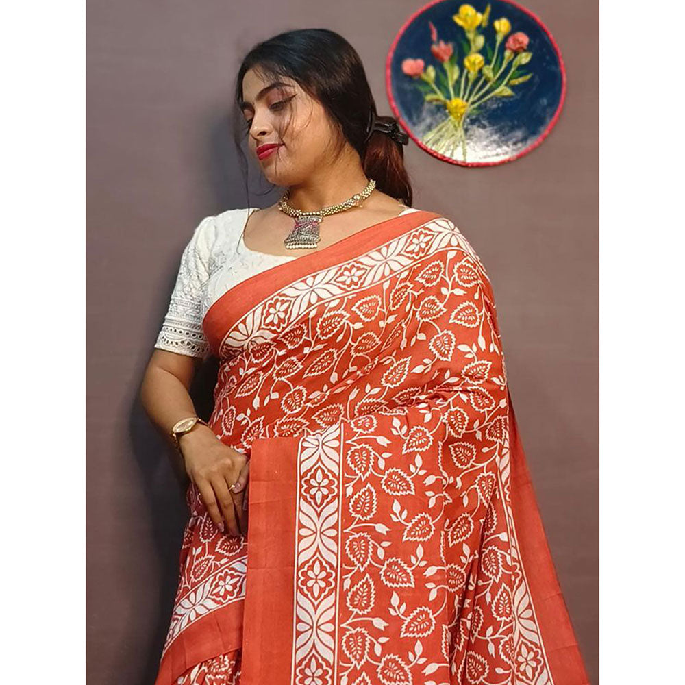 Odette Rust Cotton Printed Saree with Unstitched Blouse