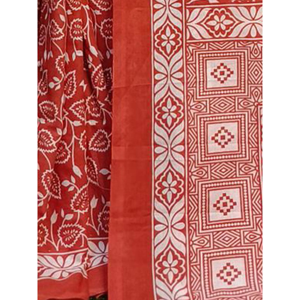 Odette Rust Cotton Printed Saree with Unstitched Blouse