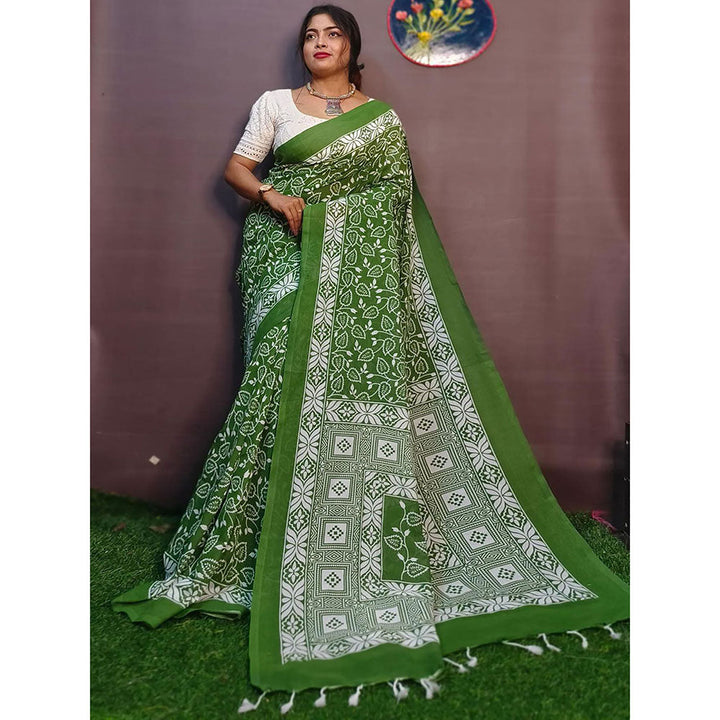 Odette Green Cotton Printed Saree with Unstitched Blouse