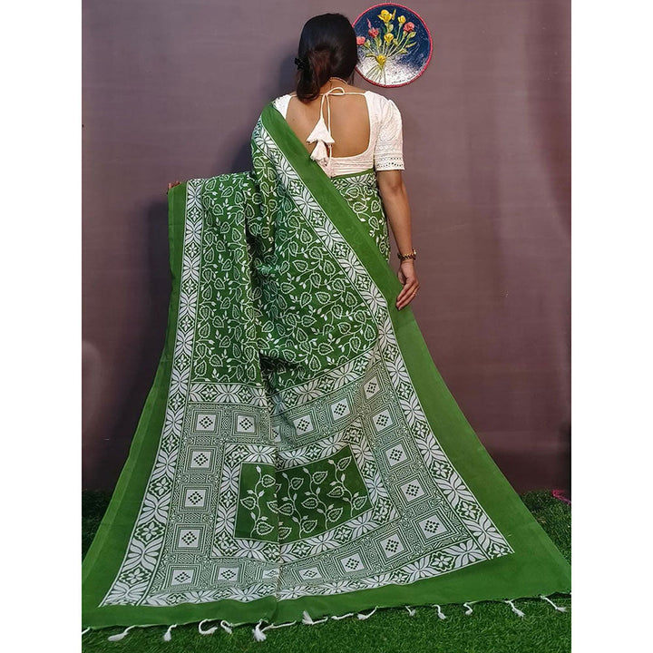 Odette Green Cotton Printed Saree with Unstitched Blouse