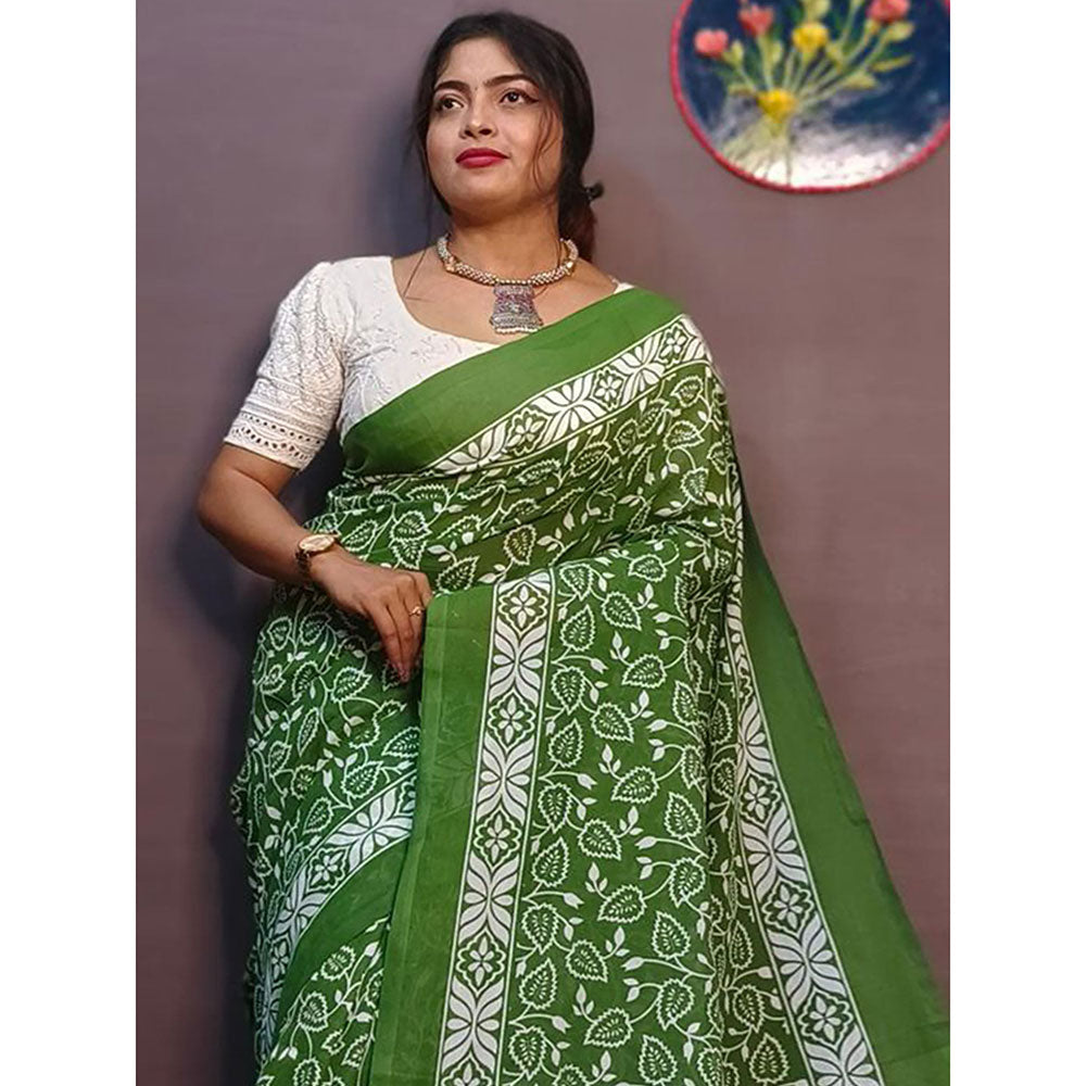 Odette Green Cotton Printed Saree with Unstitched Blouse