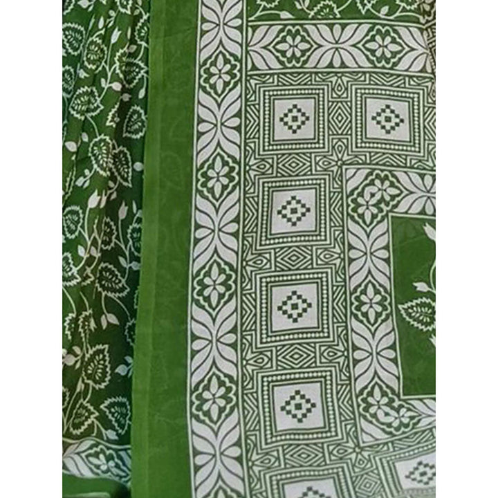 Odette Green Cotton Printed Saree with Unstitched Blouse