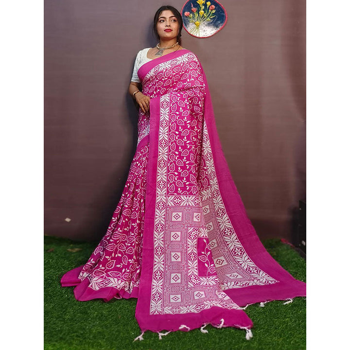 Odette Pink Cotton Printed Saree with Unstitched Blouse