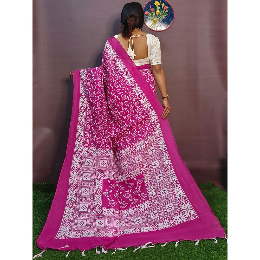 Odette Pink Cotton Printed Saree with Unstitched Blouse