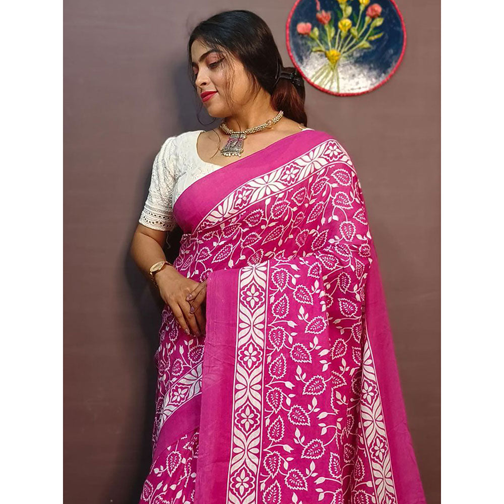 Odette Pink Cotton Printed Saree with Unstitched Blouse