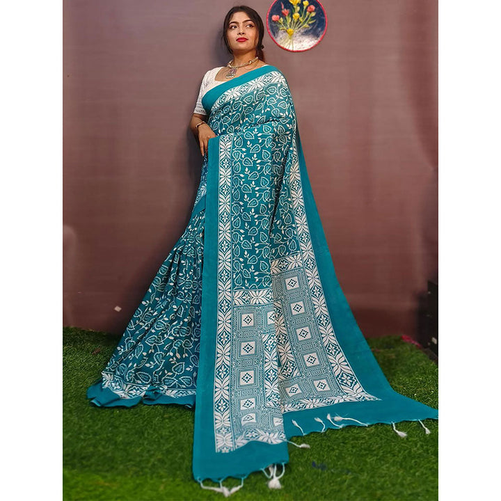 Odette Teal Cotton Printed Saree with Unstitched Blouse