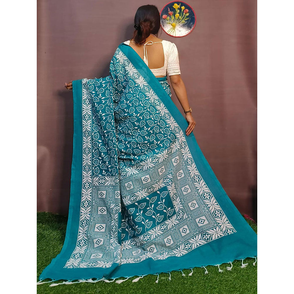 Odette Teal Cotton Printed Saree with Unstitched Blouse