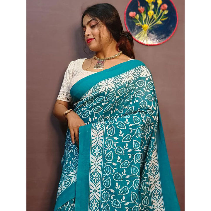 Odette Teal Cotton Printed Saree with Unstitched Blouse