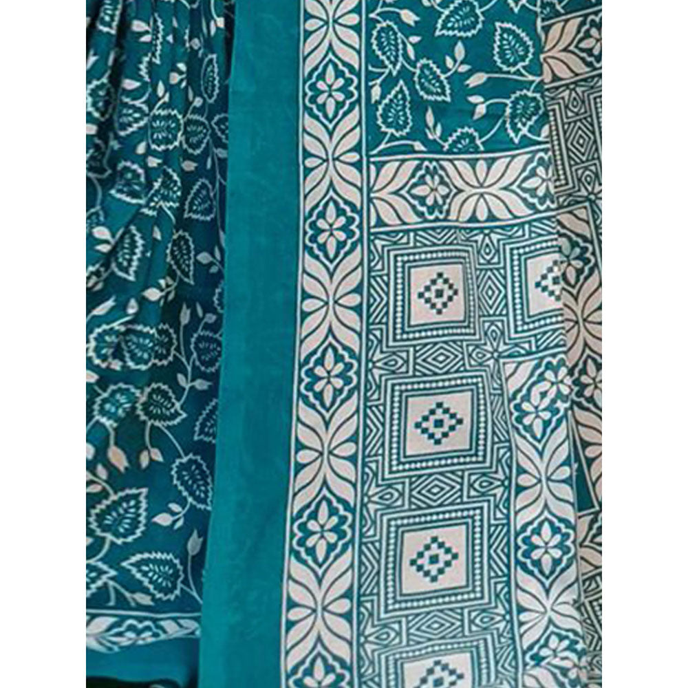 Odette Teal Cotton Printed Saree with Unstitched Blouse