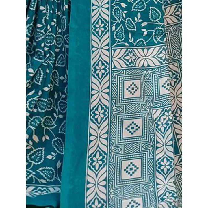 Odette Teal Cotton Printed Saree with Unstitched Blouse