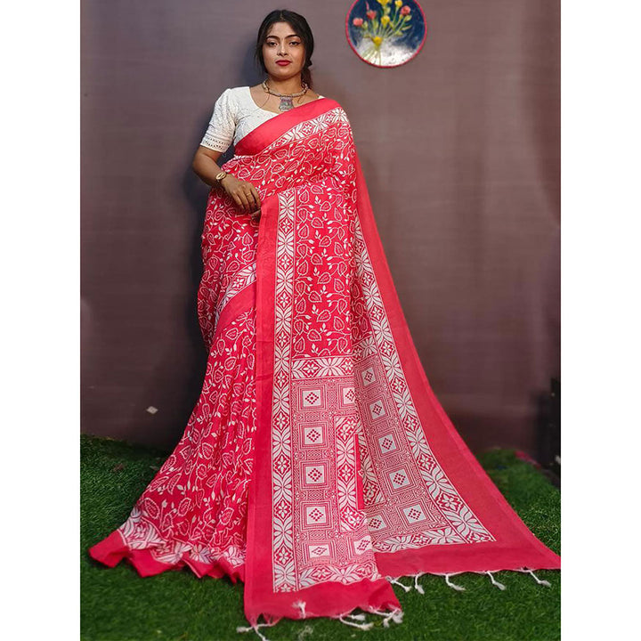 Odette Pink Cotton Printed Saree with Unstitched Blouse