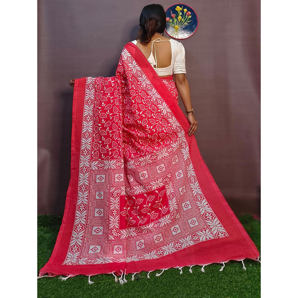 Odette Pink Cotton Printed Saree with Unstitched Blouse