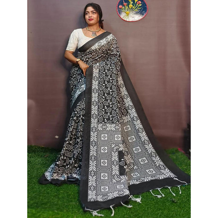 Odette Black Cotton Printed Saree with Unstitched Blouse