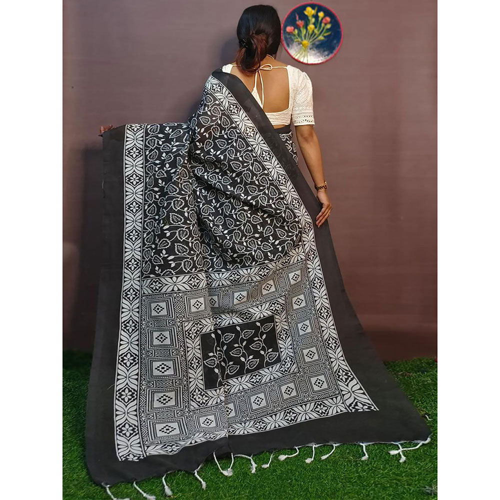 Odette Black Cotton Printed Saree with Unstitched Blouse