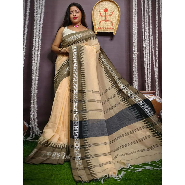 Odette Beige Cotton Saree with Unstitched Blouse