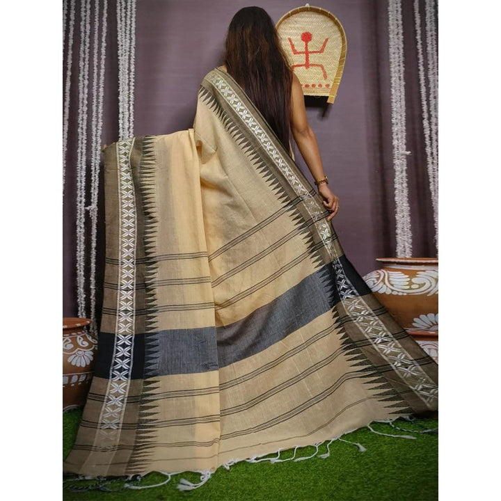 Odette Beige Cotton Saree with Unstitched Blouse