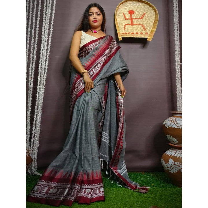 Odette Grey Cotton Saree with Unstitched Blouse