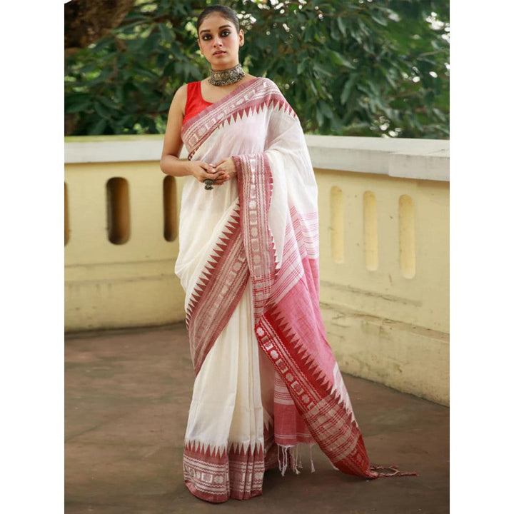 Odette White Cotton Saree with Unstitched Blouse