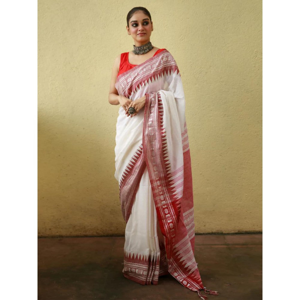 Odette White Cotton Saree with Unstitched Blouse