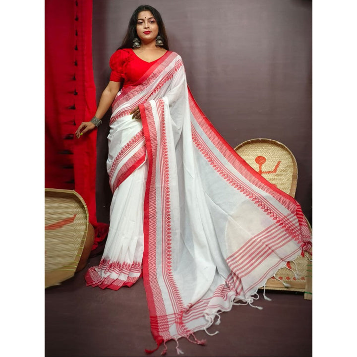 Odette White Cotton Saree with Unstitched Blouse