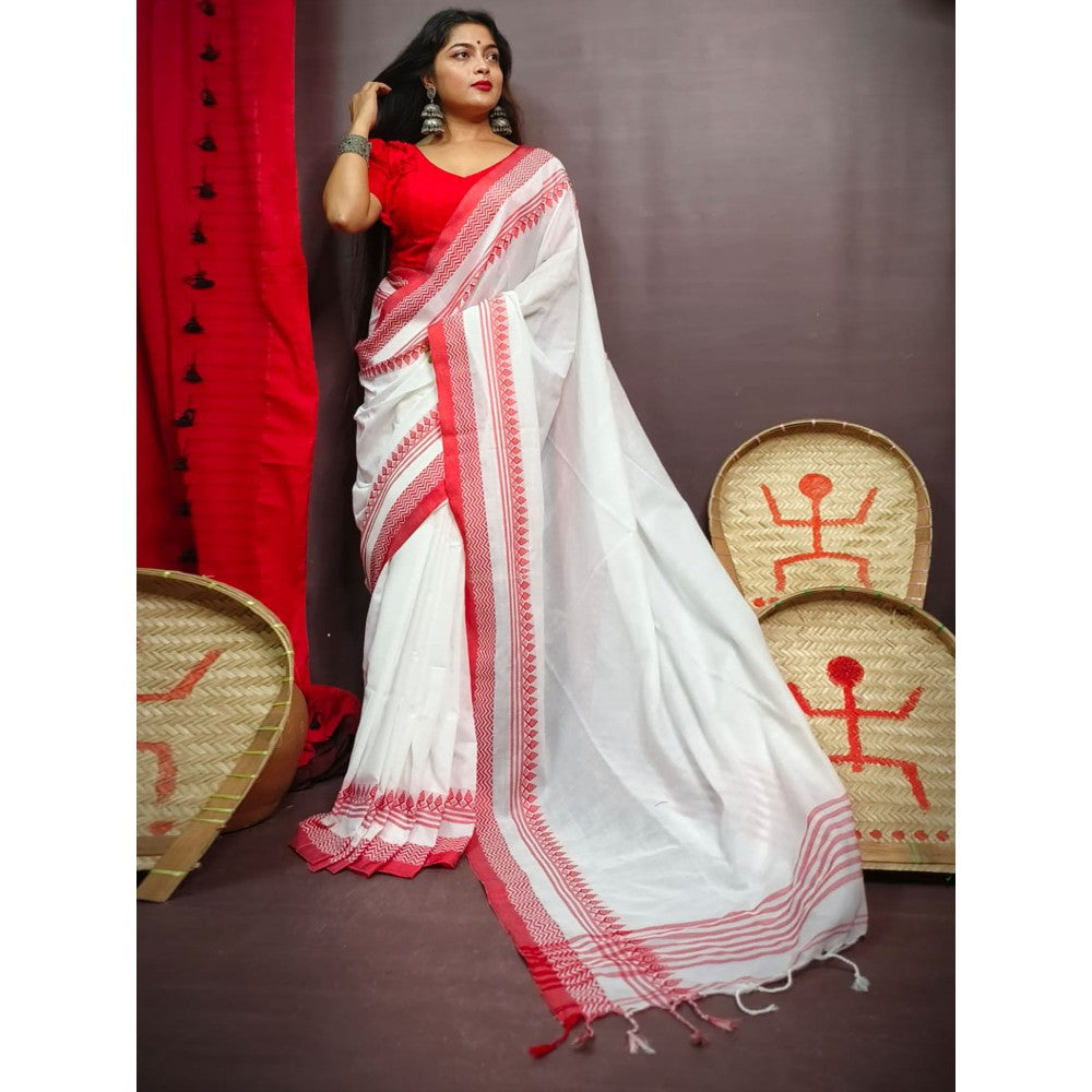 Odette White Cotton Saree with Unstitched Blouse