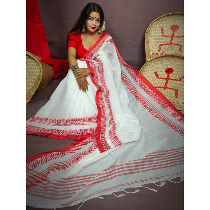 Odette White Cotton Saree with Unstitched Blouse