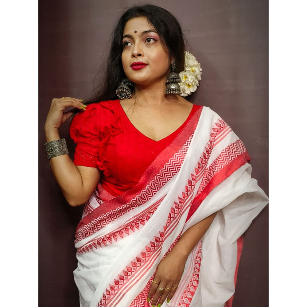 Odette White Cotton Saree with Unstitched Blouse