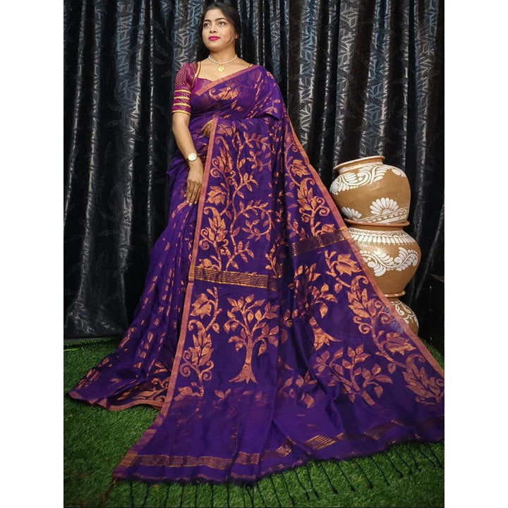 Odette Purple Cotton Saree with Unstitched Blouse