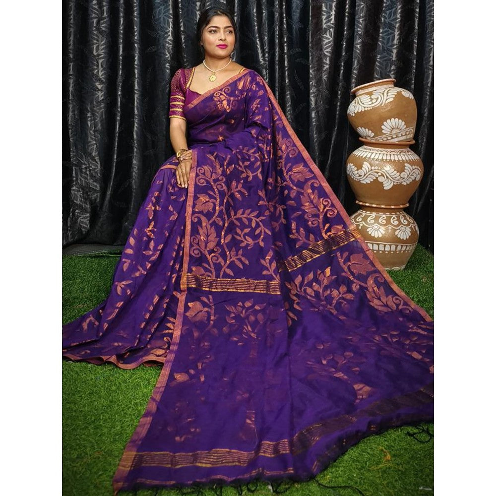 Odette Purple Cotton Saree with Unstitched Blouse