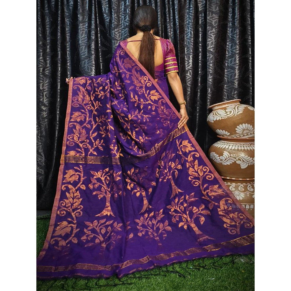 Odette Purple Cotton Saree with Unstitched Blouse