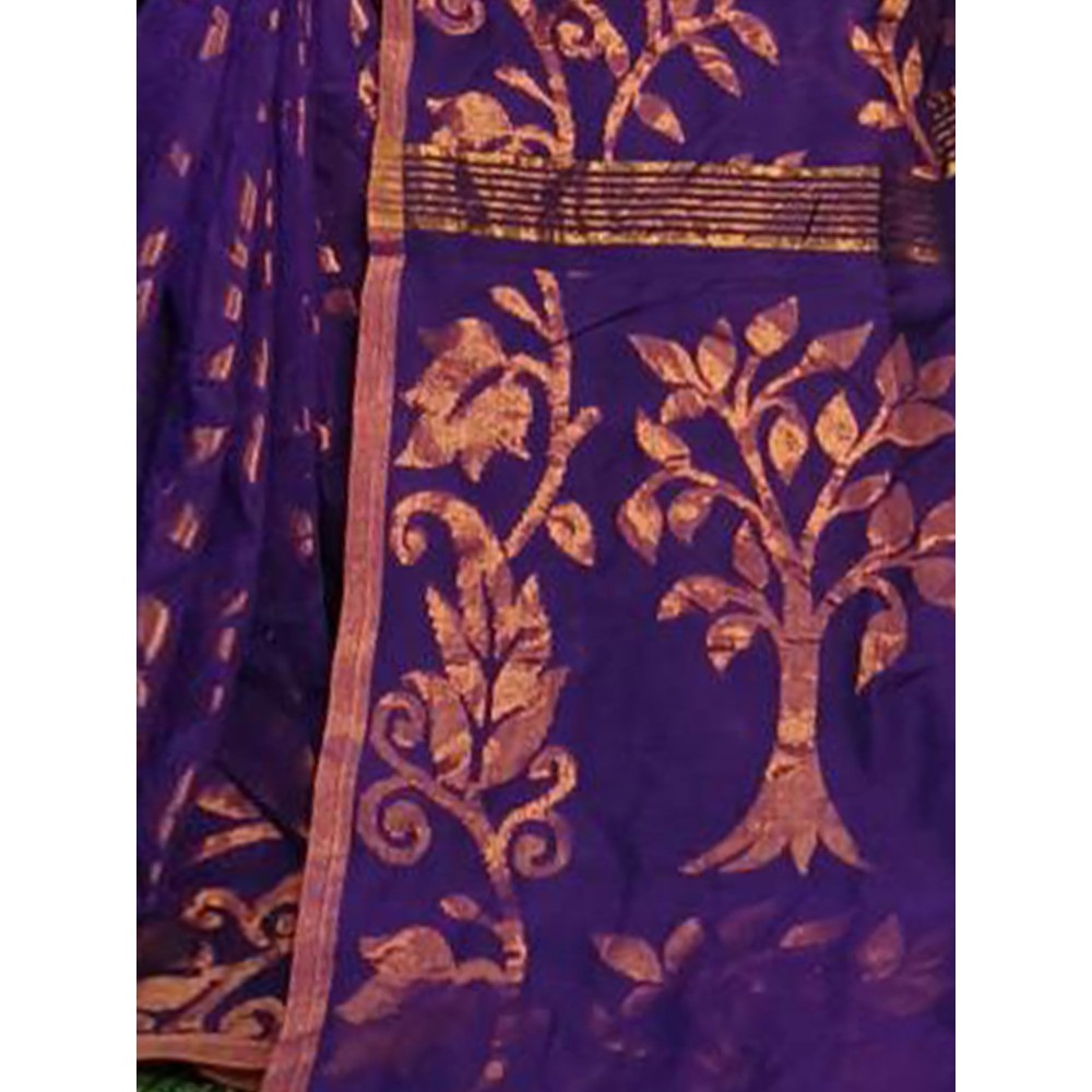 Odette Purple Cotton Saree with Unstitched Blouse