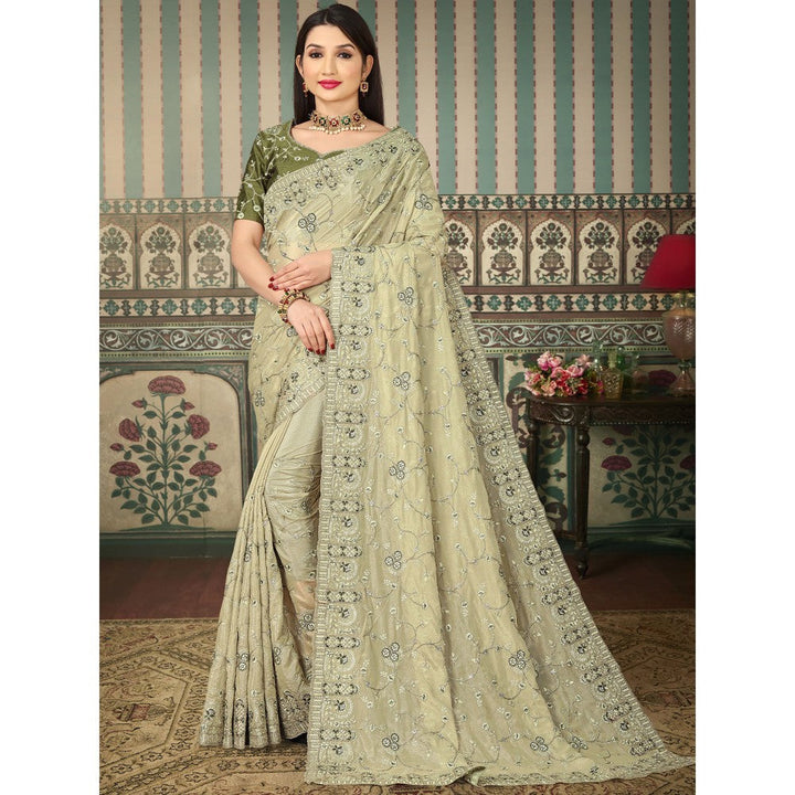 Odette Light Green Georgette Embroidered Saree with Unstitched Blouse