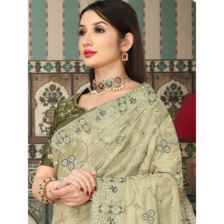 Odette Light Green Georgette Embroidered Saree with Unstitched Blouse