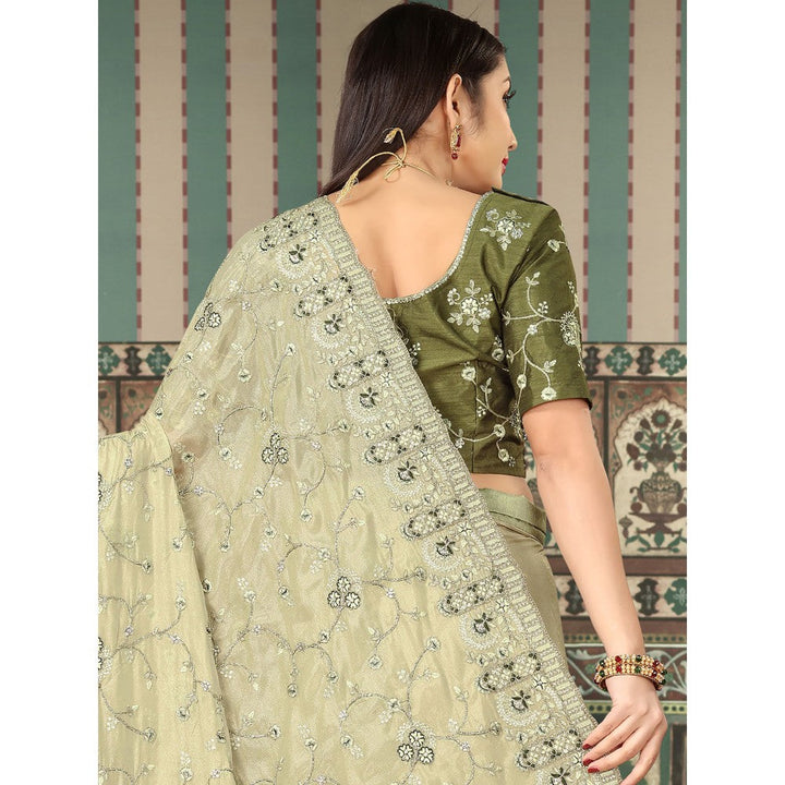 Odette Light Green Georgette Embroidered Saree with Unstitched Blouse