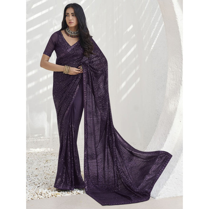 Odette Purple Georgette Embellished Saree with Unstitched Blouse