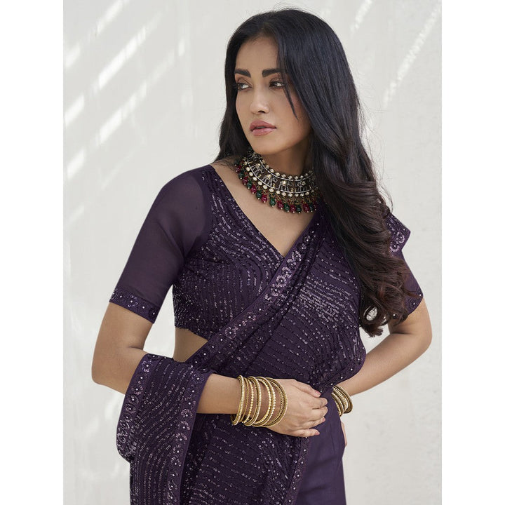 Odette Purple Georgette Embellished Saree with Unstitched Blouse